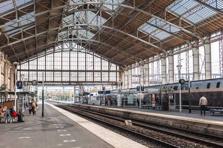 A wide view of the historic La Rochelle train station interior, dominated by the massive arched...