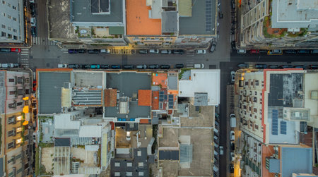 Aerial top-down view of an urban grid, showing tightly packed buildings, rooftops, terraces, and narrow streets lined with parked cars.の写真素材