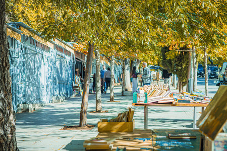 The street of Cuesta de Moyano in Madrid is shown, known for its permanent open-air book fair. Thirty bluish-grey wooden stalls sell second-hand, rare, and out-of-print books along this pedestrian hill.の写真素材