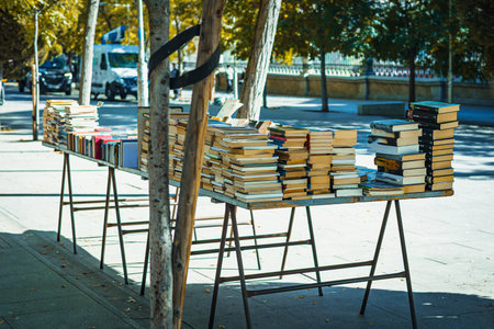 The street of Cuesta de Moyano in Madrid is shown, known for its permanent open-air book fair. Thirty bluish-grey wooden stalls sell second-hand, rare, and out-of-print books along this pedestrian hill.の写真素材