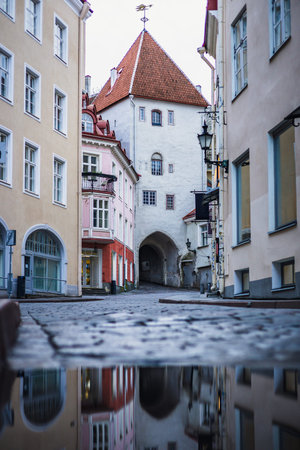 A charming cobblestone street in Tallinns Old Town leading to the Pikk Jalg Gate Tower. Colorful historic buildings line the road, with a clear reflection visible in a foreground puddle.の写真素材