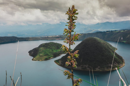 This wide-angle shot from the Cuicocha crater rim captures the stunning contrast between the deep...