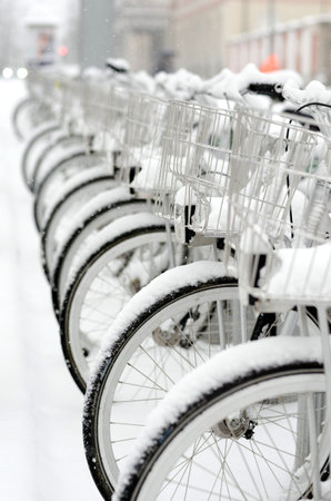 Row of bicycles for rent covered with snow 