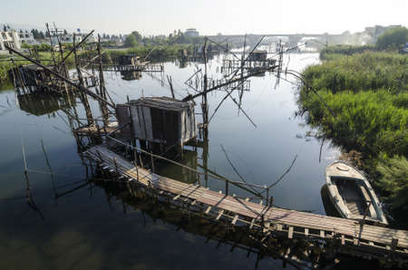 Old fishing net piers on river Bojana near Ulcinj town, Montenegro の写真素材