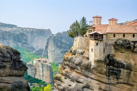 Iconic Meteora landscape with monasteries on top of cliffs, Greece.の写真素材