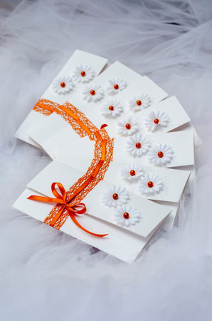 Unique handmade wedding invitations on tulle fabric.の写真素材