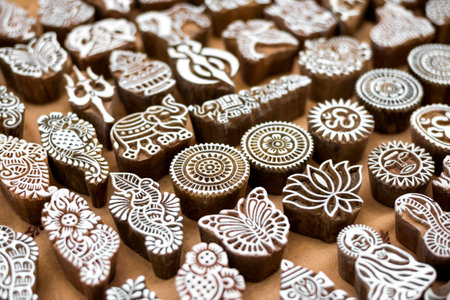 Henna wooden stamps for decorating the body or clothes, India.の写真素材