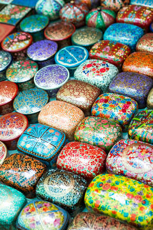 Colorful jewel boxes in Indian flea market.の写真素材