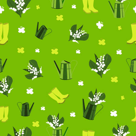 seamless spring pattern   with gardening elements and lily of the valleyのイラスト素材