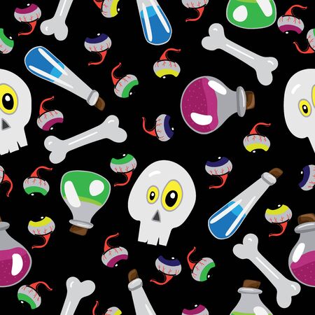 Funny skull pattern with bones, jars of potions, eyeballs, on a black background vector illustration for design and decoration, imageのイラスト素材