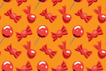 Halloween candy in a red wrapper on a yellow background pattern vector illustration for design and decoration, imageのイラスト素材