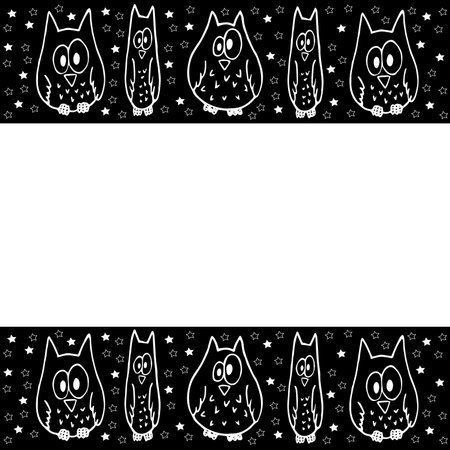 Halloween funny owls on a black background, white line, horizontal frame vector illustration for design and decorationのイラスト素材