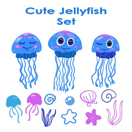 Cute Jellyfish Set vector illustrationのイラスト素材