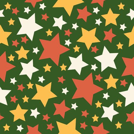 Pattern of stars of different sizes on a green background, yellow, orange, white vector illustration for design and decorationのイラスト素材