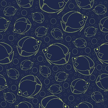 Sketch yellow outline fish pattern on dark blue background vector illustration for design and decorationのイラスト素材