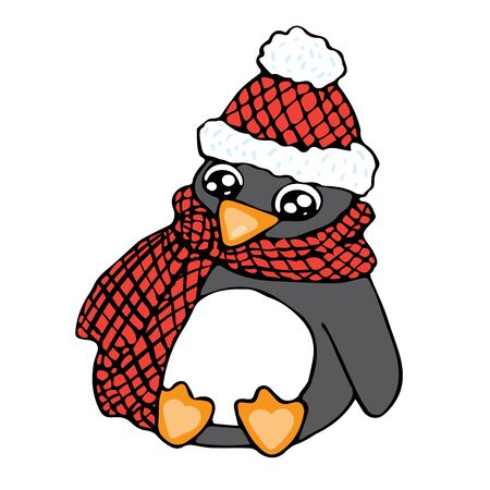 Penguin with red hat and checked scarf in doodle style isolated on white background vector stock illustration for design and decoration, for decal and interior decoration elements of winter decorのイラスト素材