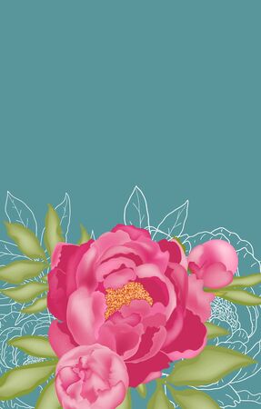 Vertical background with place for text, with pink peonies, buds and green leaves, on a blue background, stock vector illustration for design and decoration, banner, postcard, business card, frame.のイラスト素材