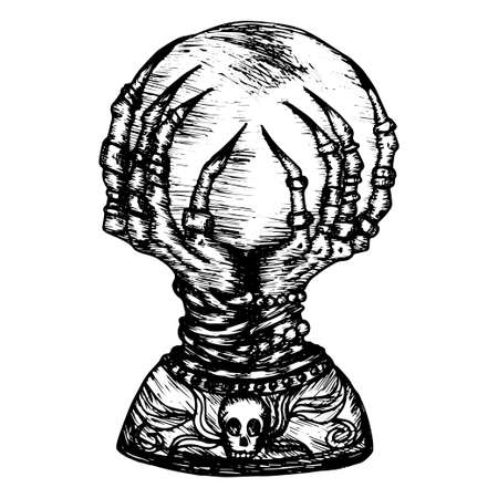 Sketch fortune-telling ball in hands in vintage style black outline isolated on white background. Stock vector illustration for design and decoration. Sticker, banner, poster, halloween, spooky, magicのイラスト素材