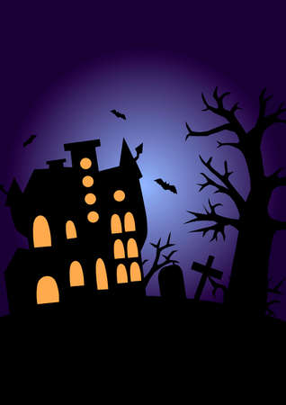 Halloween poster with castle and tree, bats black silhouettes on dark blue background, stock vector illustration for design and decor, banner, postcard, holiday, halloween, invitationのイラスト素材