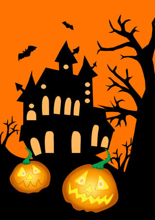 Halloween poster with spooky house, tree, bats black silhouette on orange background, with pumpkins, stock vector illustration for design and decoration, banner, postcard, holiday, halloweenのイラスト素材