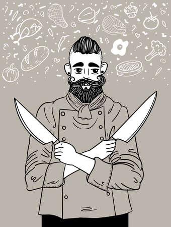A chef with a beard and mustache in a tunic, holding two kitchen knives, stock vector illustration for design and decor, black outline. Background, poster, banner, doodle style food image.のイラスト素材