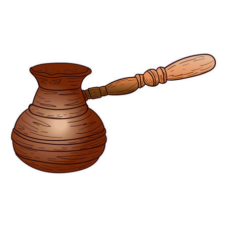 Coffee maker, cezva, with wood handle copper color stock vector illustration for design and decor, sticker, poster, template, copper cookwareのイラスト素材