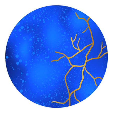 Round background of blue color with stone texture and dots with golden crack, kintsugi, stock vector illustration for design and decor, bannerのイラスト素材