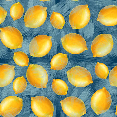 Pattern with lemons, stock illustration on a blue background, in vintage style, acrylic paints, picture, clipart, template, wallpaperの写真素材