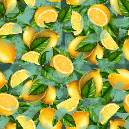 Pattern with lemons, stock illustration on a green background, in vintage style, acrylic paints, picture, clipart, template, wallpaperの写真素材