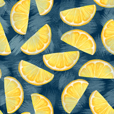 Pattern with lemons, stock illustration on a blue background, in vintage style, acrylic paints, picture, clipart, template, wallpaperの写真素材