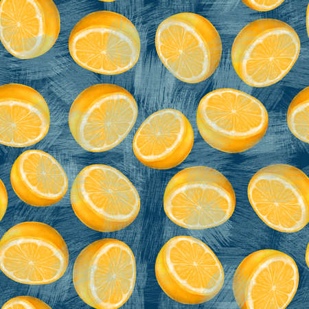 Pattern with lemons, stock illustration on a blue background, in vintage style, acrylic paints, picture, clipart, template, wallpaperの写真素材