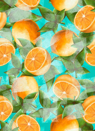 Vertical pattern citrus orange with green leaves and flowers, on blue background, stock illustration for design and decor, print, template, bannerの写真素材
