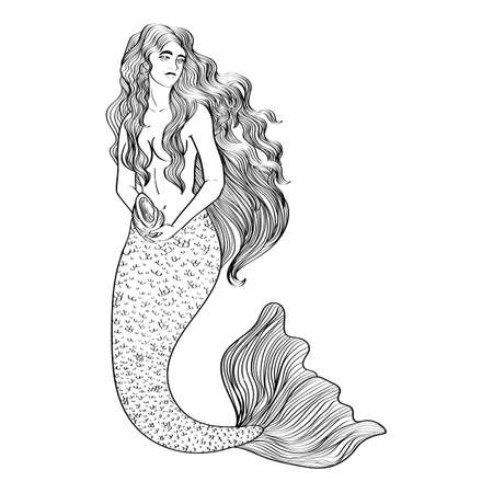 Mermaid with seashell outline illustration black isolated on white background, stock vector image, for design and decor. Sticker, banner graphic, nautical theme, tattoo.のイラスト素材