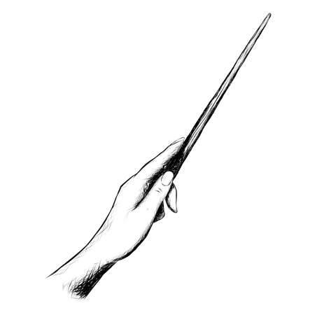 Hand holding a magic wand, black outline illustration isolated on white background, stock vector image, graphics, sketch, vintageのイラスト素材
