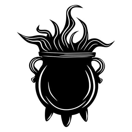 Cauldron with potion black, cartoon isolated on white background, vector illustration for design and decor, Halloween, sticker, templateのイラスト素材