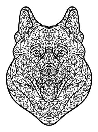 Husky dog ornament coloring page, black and white outline isolated on white background, stock vector illustration, printのイラスト素材