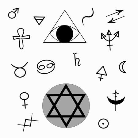 Heromancy. A set of signs for heromancy are isolated on a white background. In black, the symbols are pentagram, astrological signs, gender signs and an eye in a triangle.のイラスト素材