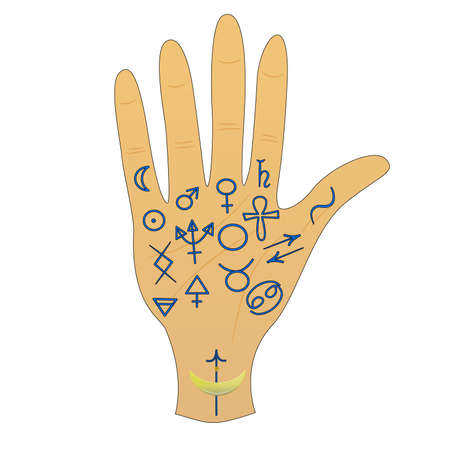 Hand with symbols from heromancy and astrology. Illustration on white background in cartoon style. Symbols to illustrate heromancy and magic, mysticism.の写真素材