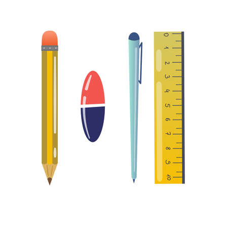 School office isolated on white background. School or university supplies, pencil, pen, eraser and ruler in flat cartoon style. Knowledge Day items, September 1.のイラスト素材