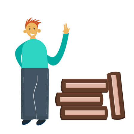 A smiling boy with a stack of books and a Hello gesture is isolated on  whiteのイラスト素材
