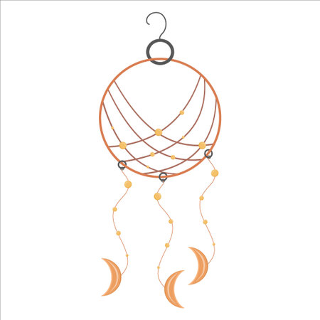 The dream catcher is isolated on a white background. Illustration in flat design style. Dream catcher with beads, hook and swirls. The moon is on every thread at the bottom of the circle.のイラスト素材