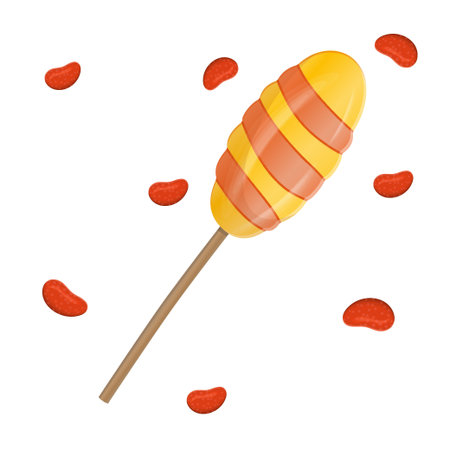 A yellow-red Lollipop surrounded by small candies is isolated on a white background. Vector illustration in cartoon style. Sweet gift for children for new year and Christmas and different holidays.のイラスト素材