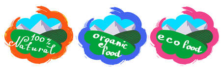 mountains and meadows is isolated on a white background. Vector illustration in a simple style. Logo for natural products. Labels about healthy and vegan food.のイラスト素材