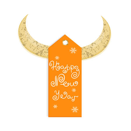 Christmas tag with snowflakes and lettering with bull horns isolated on a white background. Vector illustration in a flat cartoon style. Orange Christmas card with snowflakes.のイラスト素材