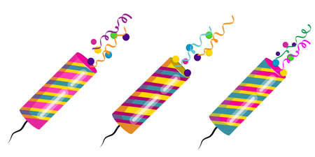 A set of Christmas crackers isolated on a white background. Vector illustration in a flat cartoon style. Party poppers with confetti and ribbons.のイラスト素材