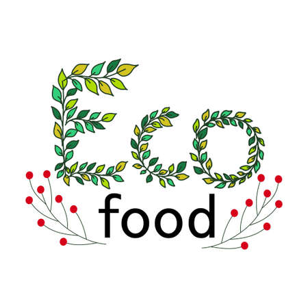 The logo of healthy and eco-friendly food is isolated on a white background. Vector illustration in a simple flat style. Letters eco food in leaves, decorated with red berries.のイラスト素材