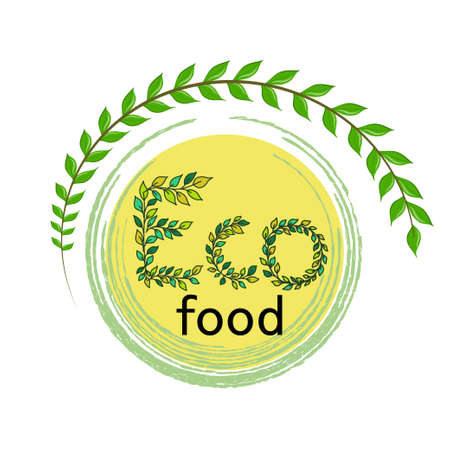 healthy and organic food is isolated on a white background. Vector illustration in a simple flat style. Letters ECO-food in leaves decorated with a branch with leaves.のイラスト素材