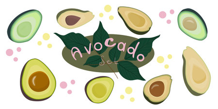 The avocado set is isolated on a white background. Various avocado slices around the inscription and...