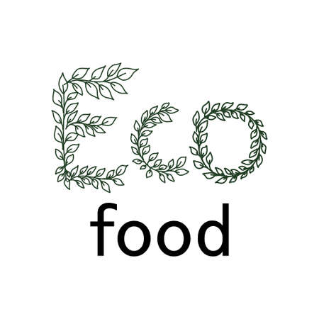 healthy and organic food is isolated on a white background. Vector illustration in a simple flat style. Letters ECO-food in leaves decorated with red berries.のイラスト素材
