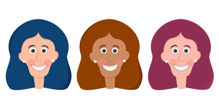 A set of girls' heads with braces isolated on a white background. Girls of different races and different hair colors. Avatars of smiling girls with even teeth from braces. Flat vector illustration.のイラスト素材